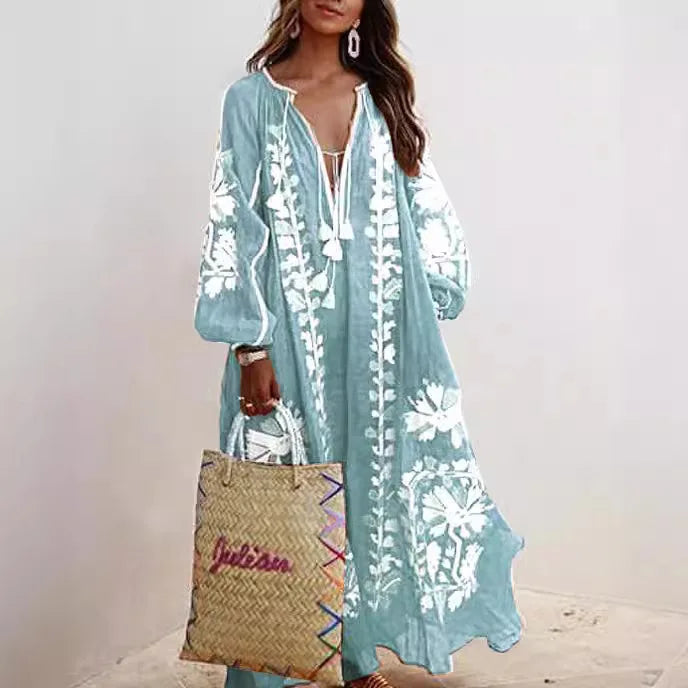 Boho Elegant Print MooMoo Dress For Women | Loose Luxury MooMoo V Neck |  Lace Up Big Hem MooMoo Dresses 2025|  Fashion New Lady MooMoo Robe